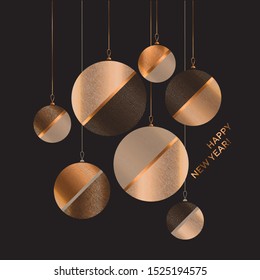 Beige and gold elegant xmas balls poster on black.  Elegant masculine new year design for card, header, invitation, poster, social media, post publication.