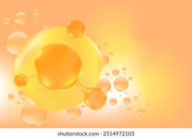 Bege, molécula brilhante dourada, partículas fluindo fundo de movimento para a beleza, fundo nutricional com espaço de cópia. Colagênio, peptídeo ou estrutura de ácido hialurônico com fórmula de soro de bolha de ouro.