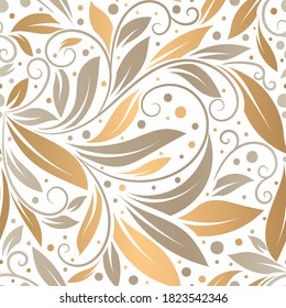 Beige and gold leaves seamless pattern. Vintage vector ornament template. Paisley elements. Great for fabric, invitation, background, wallpaper, decoration, packaging or any desired idea.