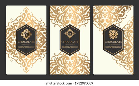 Beige and gold luxury packaging design of chocolate bars. Elegant vector ornament template. Great for food, drink and other package types. Can be used for background and wallpaper.