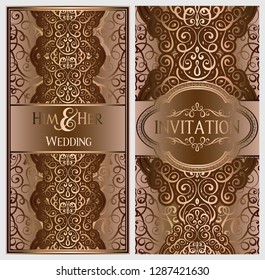 Beige and gold luxury wedding invitation card with golden shiny eastern and baroque rich foliage. Ornate islamic background for your design. Islam, Arabic, Indian, Dubai