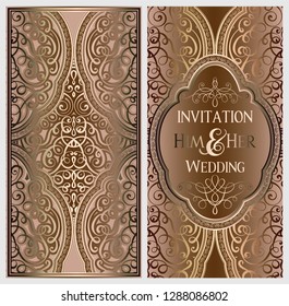 Beige and gold luxury wedding invitation card with golden shiny eastern and baroque rich foliage. Ornate islamic background for your design. Islam, Arabic, Indian, Dubai
