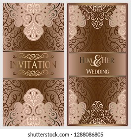 Beige and gold luxury wedding invitation card with golden shiny eastern and baroque rich foliage. Ornate islamic background for your design. Islam, Arabic, Indian, Dubai