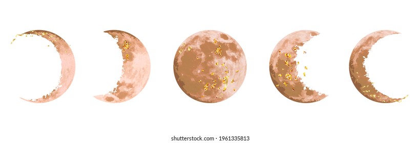 Beige and gold moon phases vector design set. Round shaped celestial collection. Brown and golden colors. Fairytale magic watercolor style objects. Science set. All elements are isolated and editable