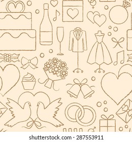 Beige and gold wedding related vector seamless pattern background with hand drawn elements