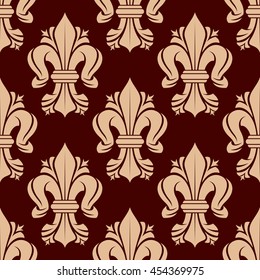 Beige or golden heraldic lilies fleur-de-lis tracery ornamental elements seamless pattern isolated on red. For textile or royal heraldic themes, design or interior.