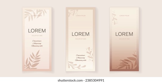 Beige gradient backgrounds with organic floral elements in nude brown pink colors. Vector templates for postcard, poster, flyer, magazine, social media, banner, invitation, presentation