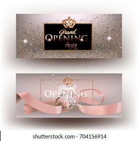 Beige grand opening party invitation cards with sparkling dust, frame and ribbon. Vector illustration