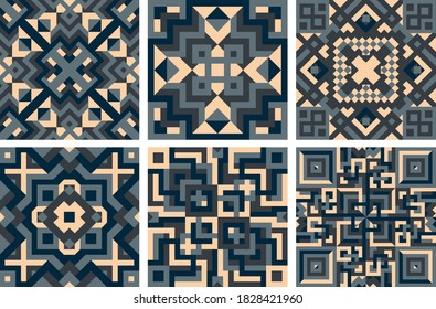 beige, gray, azure, black triangles, broken lines, squares, rhombuses are arranged in a certain order. set of six dark polygonal seamless patterns. vector
