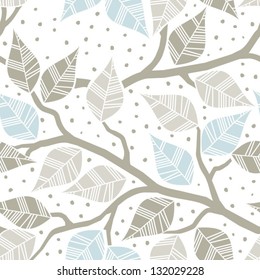 beige gray blue leaves on branches on dotted white background seasonal seamless pattern