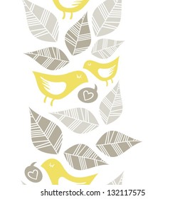 beige gray leaves and yellow birds singing of love on white background seasonal seamless vertical border
