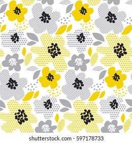 beige gray and yellow floral background. contemporary spring floral seamless pattern with yellow abstract flowers. modern geometry vector illustration. stylish surface design