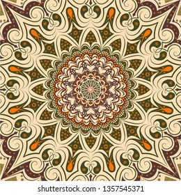 
Beige and green background, mandala - the central part of the flower, brown and orange tones.