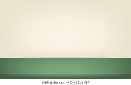 Beige and green background. two tone color studio room background. Minimal 3d shelf. Room in the 3d. Space for selling products on the website. Empty room with light effect. Vector illustration.