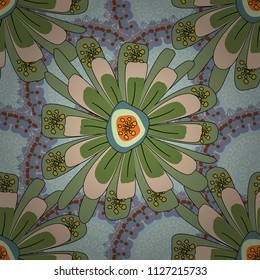 Beige, green and blue vector illustration. Floral illusion seamless pattern.