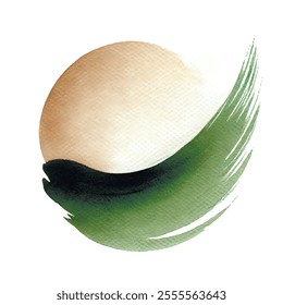 Beige green dynamic curve watercolor brushstroke splash stain spot circle on white background. Vector beautiful modern brush stroke pattern. Grunge texture. Hand drawn abstract illustration.