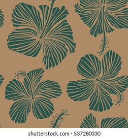 Of beige and green hibiscus flowers, blossom with leaves isolated. Hand drawn sketch. Hibiscus flowers in beige and green colors. Watercolor painting effect, Vector illustration.