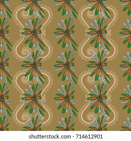 Beige, green and neutral vector illustration. Floral illusion seamless pattern.