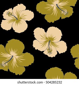 Beige and green seamless tropical flowers, hibiscus vector pattern a black background.