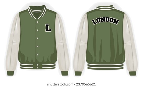 Beige green varsity jacket front and back view, vector mockup illustration