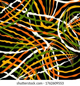 beige, green, yellow, orange smoothly curved stripes, stylized as brush strokes, randomly located on a black background. colorful abstract pattern. vector
