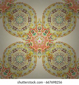 Beige, green and yellow seamless background ornament pattern. Abstract arabesque background for greeting card, presentation or wedding invitations. Traditional vector gothic damask background.