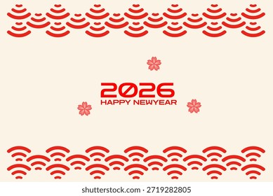 Una tarjeta de felicitación beige con patrones decorativos de ondas rojas en la parte superior e inferior con los Pequeños íconos de la flor de cerezo del año 2026 rodean la tipografía festiva central creando un diseño lunar equilibrado y tradicional