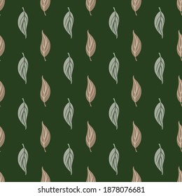 Beige and grey colored foliage seamless pattern. Dark green background. Nature print. Flat vector print for textile, fabric, gift wrap, wallpapers. Endless illustration.
