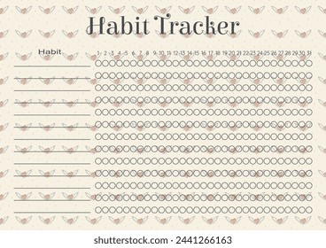 Beige habit tracker sheet design. Monthly planner blank template with valentines hearts pattern