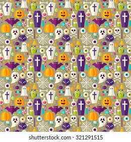 Beige Halloween Party Seamless Pattern. Flat Design Vector Seamless Texture Background. Halloween Holiday Template. Trick or Treat