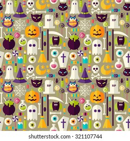 Beige Halloween Trick or Treat Objects Seamless Pattern. Flat Design Vector Seamless Texture Background. Halloween Holiday Template. 