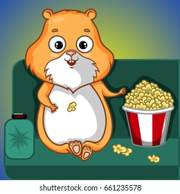 Beige Hamster Character on Sofa with Popcorn, Cartoon Hand Drawn Vector Illustration EPS 10