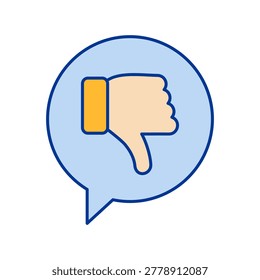 A beige hand showing a thumbs down sign appears inside a light blue speech bubble with a dark blue outline on a plain background.