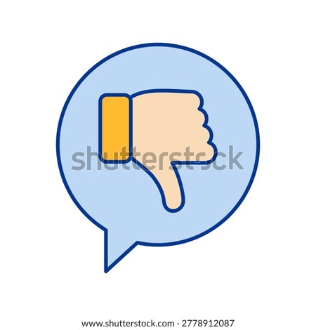 A beige hand showing a thumbs down sign appears inside a light blue speech bubble with a dark blue outline on a plain background.