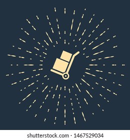 Beige Hand truck and boxes icon isolated on dark blue background. Dolly symbol. Abstract circle random dots. Vector Illustration