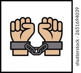 Beige hands in gray metal cuffs linked by a gray chain against a white background simple flat design illustration
