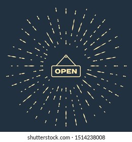Beige Hanging sign with text Open door icon isolated on dark blue background. Abstract circle random dots. Vector Illustration