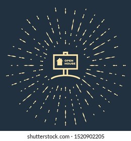 Beige Hanging sign with text Open house icon isolated on dark blue background. Signboard with text Open house. Abstract circle random dots. Vector Illustration