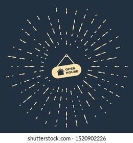 Beige Hanging sign with text Open house icon isolated on dark blue background. Signboard with text Open house. Abstract circle random dots. Vector Illustration