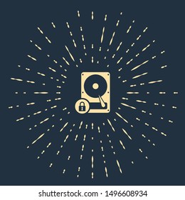 Beige Hard disk drive and lock icon isolated on dark blue background. HHD and padlock. Security, safety, protection concept. Abstract circle random dots. Vector Illustration