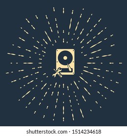 Beige Hard disk drive with screwdriver and wrench icon isolated on dark blue background. Adjusting, service, setting, maintenance, repair, fixing. Abstract circle random dots. Vector Illustration