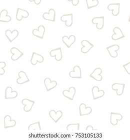 Beige hearts seamless pattern. Scattered little gray, love symbols.  Endlessly repeating falling sketch heart shape on white valentine background. Hand draw texture. Vector illustration.
