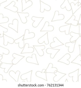Beige hearts seamless pattern. Scattered little gray, love symbols.  Endlessly repeating falling sketch heart shape on white valentine background. Hand draw texture. Vector illustration.