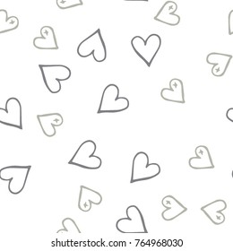 Beige hearts seamless pattern. Scattered little gray, love symbols.  Endlessly repeating falling sketch heart shape on white valentine background. Hand draw texture. Vector illustration.