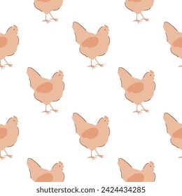 Beige hen seamless pattern on white background. Cute cartoon chicken print, simple farm animal wallpaper, textile design, wrap paper. Vector illustration. Naive cottage core illustration.