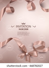 Beige holiday card with realistic  silk ribbon. Vector illustration