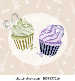 Beige holiday Christmas card with cupcakes