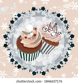 Beige holiday pattern card with cupcakes and inscription 'Joy'