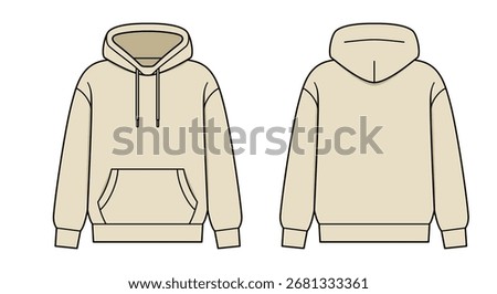 Beige hoodie front and back view illustration. Clipart image.
