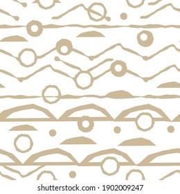 Beige horizontal Seamless repeat pattern with random rough, twisted broken lines, circles shapes on white background
